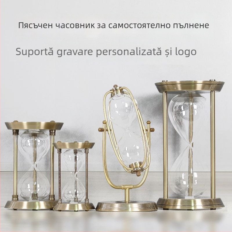Clepsidră bronz cu trei coloane, nisip, decor din sticlă borosilikat, pentru dormitor sau birou, cu logo gravat