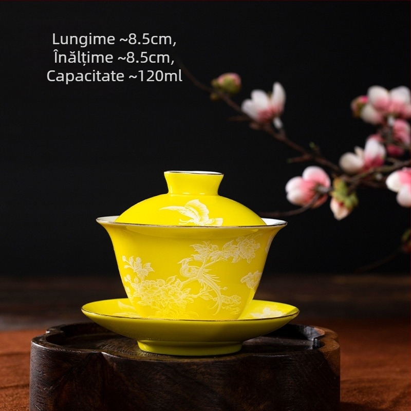 Ceșcă ceramică cu capac, 120 ml – set mini din trei piese pentru ceai, uz casnic