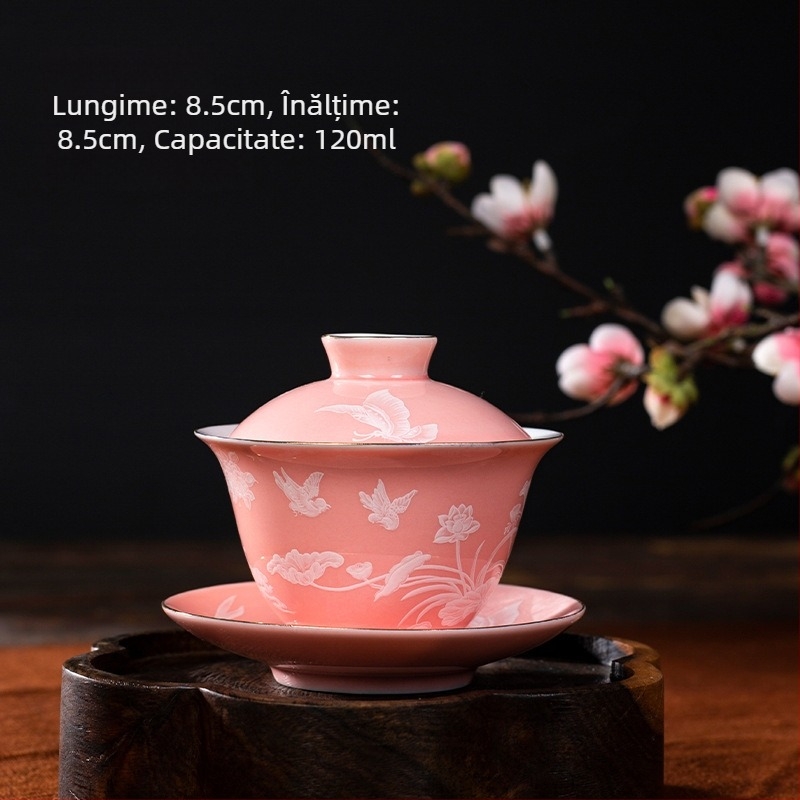 Ceșcă ceramică cu capac, 120 ml – set mini din trei piese pentru ceai, uz casnic