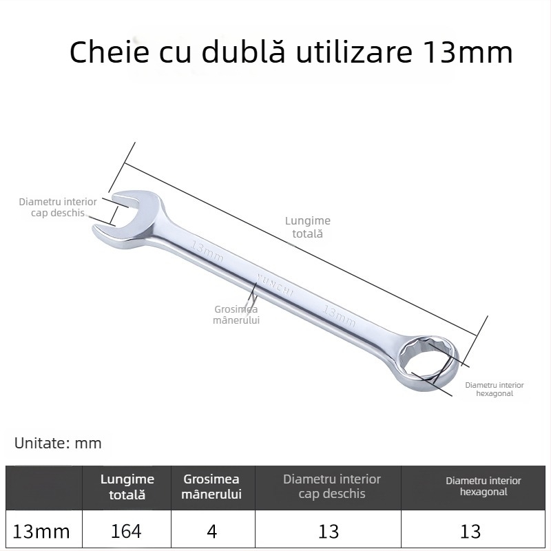 Cheie din două scopuri, cu capete duble, cheie manuală 13 mm, cheie combinată cu deschidere, finisaj oglindit, oțel 45#