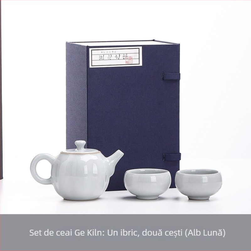 Ge Kiln Gongfu Set Ceai cu Cutie Cadou – o ceainică și două cești, stil minimalist din ceramică