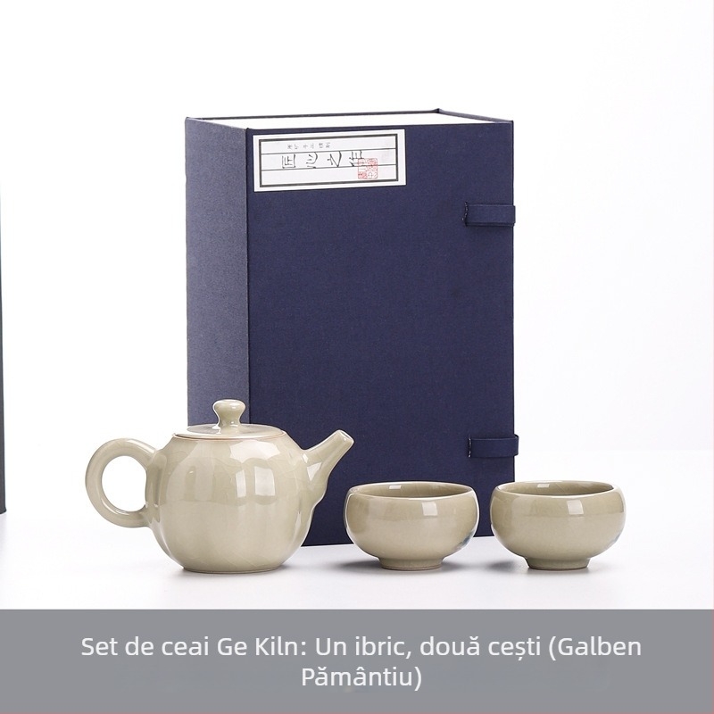 Ge Kiln Gongfu Set Ceai cu Cutie Cadou – o ceainică și două cești, stil minimalist din ceramică