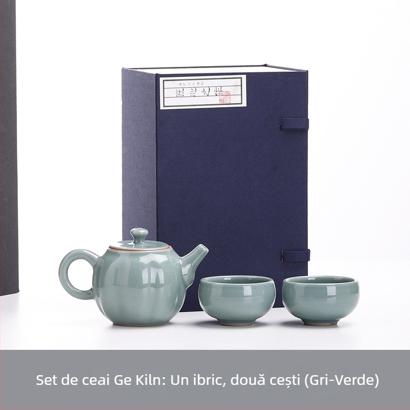 Ge Kiln Gongfu Set Ceai cu Cutie Cadou – o ceainică și două cești, stil minimalist din ceramică
