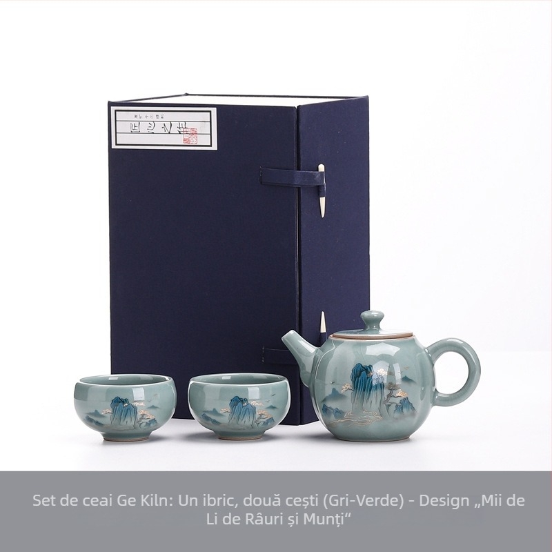 Ge Kiln Gongfu Set Ceai cu Cutie Cadou – o ceainică și două cești, stil minimalist din ceramică