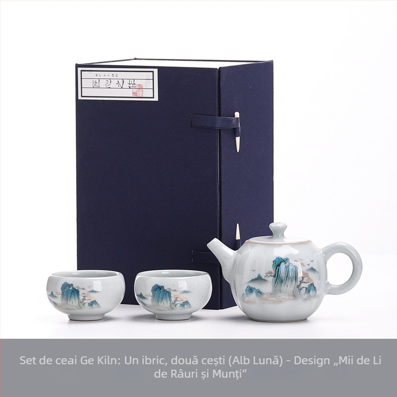 Ge Kiln Gongfu Set Ceai cu Cutie Cadou – o ceainică și două cești, stil minimalist din ceramică