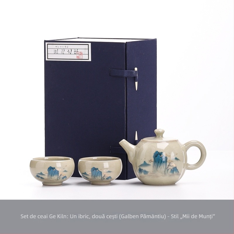 Ge Kiln Gongfu Set Ceai cu Cutie Cadou – o ceainică și două cești, stil minimalist din ceramică