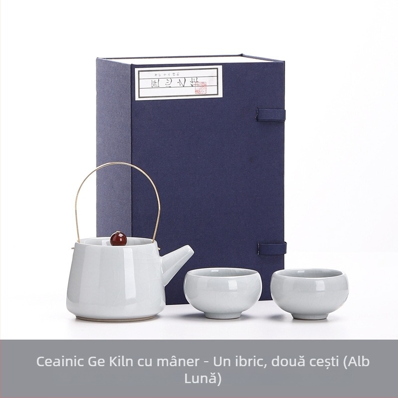 Ge Kiln Gongfu Set Ceai cu Cutie Cadou – o ceainică și două cești, stil minimalist din ceramică