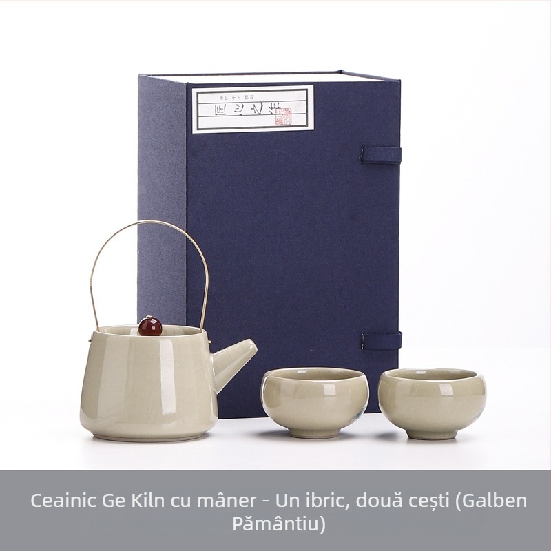 Ge Kiln Gongfu Set Ceai cu Cutie Cadou – o ceainică și două cești, stil minimalist din ceramică