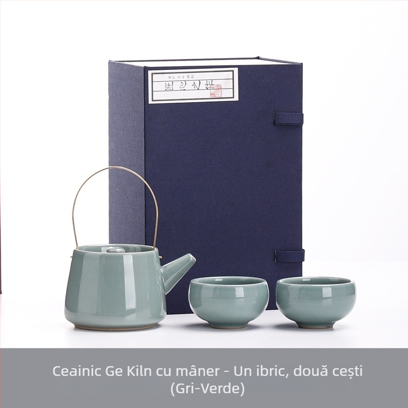 Ge Kiln Gongfu Set Ceai cu Cutie Cadou – o ceainică și două cești, stil minimalist din ceramică