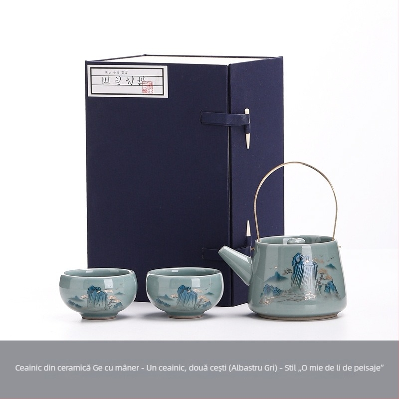 Ge Kiln Gongfu Set Ceai cu Cutie Cadou – o ceainică și două cești, stil minimalist din ceramică