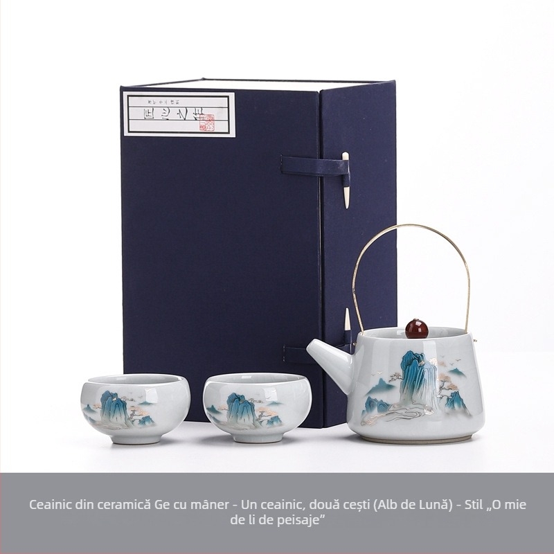 Ge Kiln Gongfu Set Ceai cu Cutie Cadou – o ceainică și două cești, stil minimalist din ceramică