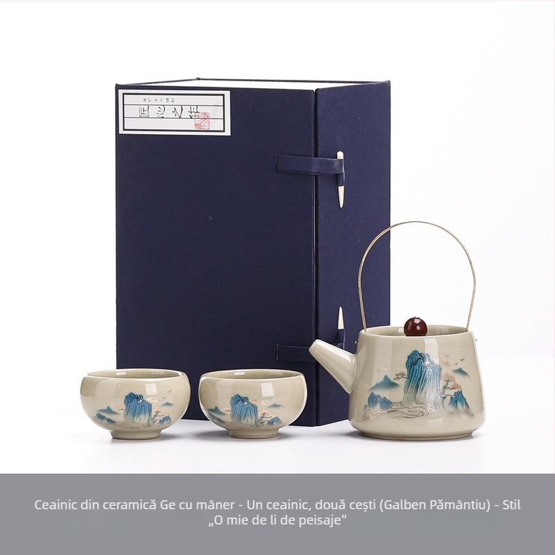 Ge Kiln Gongfu Set Ceai cu Cutie Cadou – o ceainică și două cești, stil minimalist din ceramică