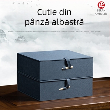 Cutie albastră din țesătură pentru farfurie Jianware porțelan — ambalaj cu ramă pentru fotografii, piatră de cerneală și capac cu decor brocart