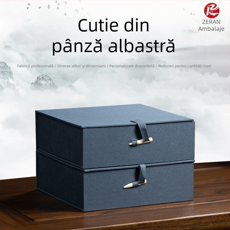 Cutie albastră din țesătură pentru farfurie Jianware porțelan — ambalaj cu ramă pentru fotografii, piatră de cerneală și capac cu decor brocart