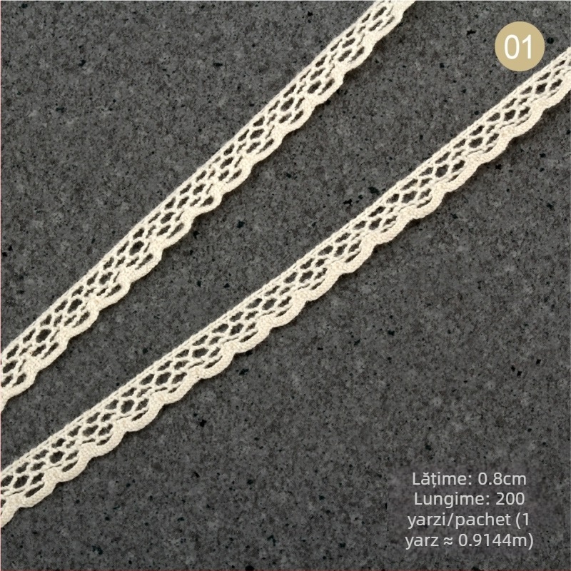 Dantelă din ață de bumbac natural într-o nuanță bej, stil etnic, lățimi 1,5–2,5 cm și 3 cm
