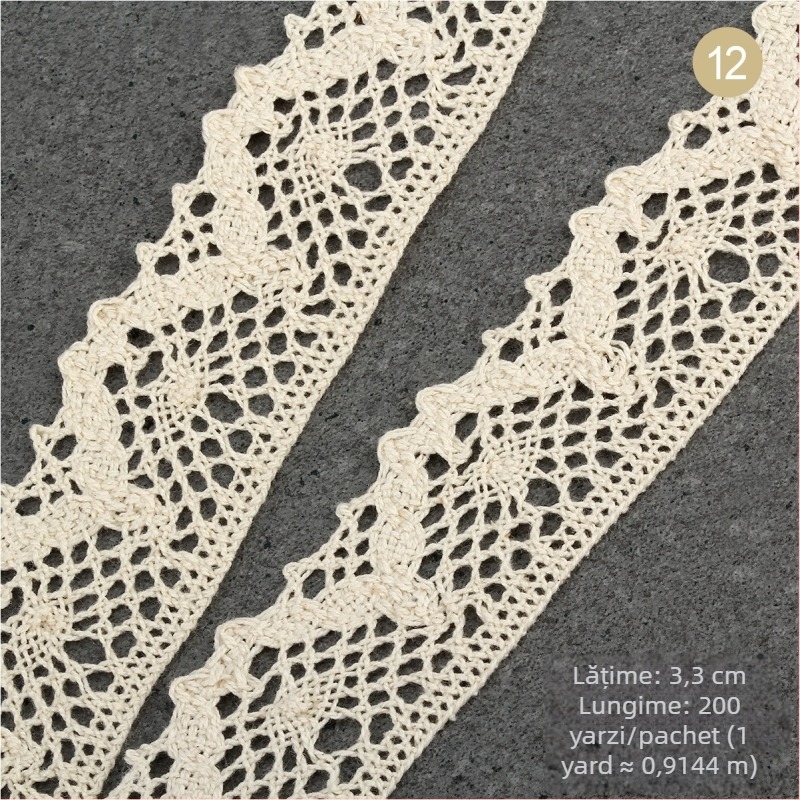 Dantelă din ață de bumbac natural într-o nuanță bej, stil etnic, lățimi 1,5–2,5 cm și 3 cm