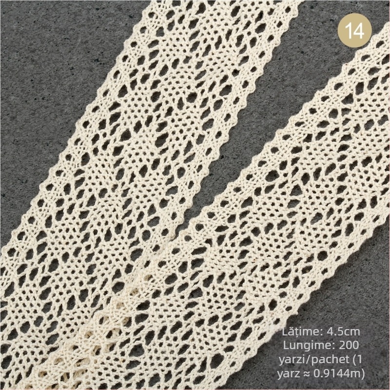 Dantelă din ață de bumbac natural într-o nuanță bej, stil etnic, lățimi 1,5–2,5 cm și 3 cm