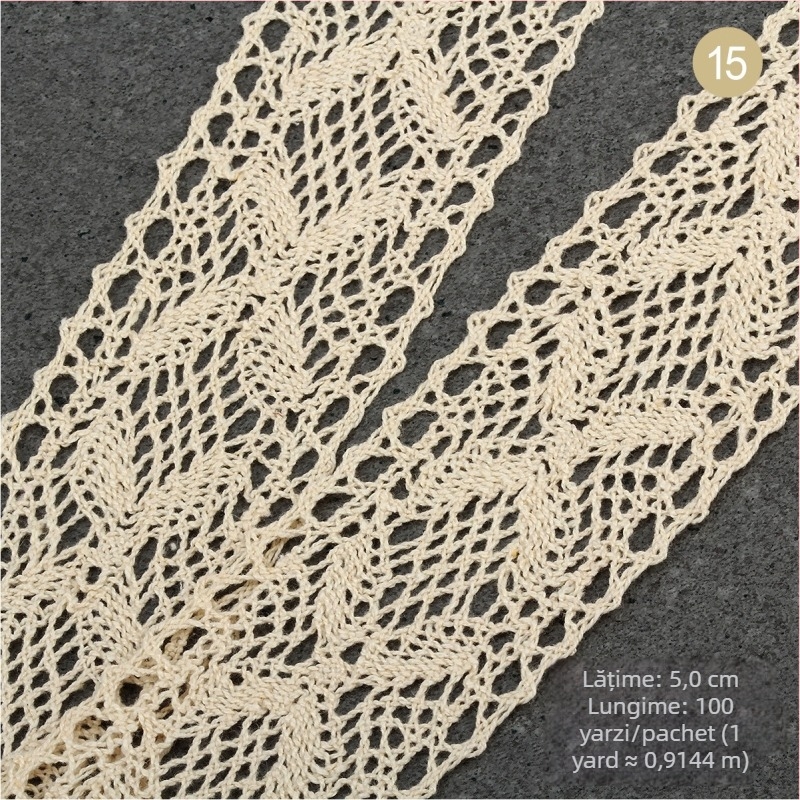 Dantelă din ață de bumbac natural într-o nuanță bej, stil etnic, lățimi 1,5–2,5 cm și 3 cm