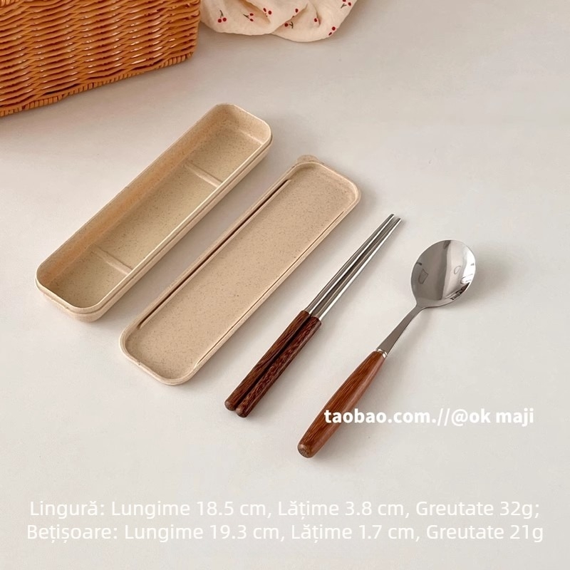 Made by Hanyang: set tacâmuri cu mâner din lemn în stil coreean IN STYLE, din oțel inoxidabil — lingură, furculiță pentru paste, cuțit, furculiță și lingură cu mâner din lemn în formă de aripă de pui