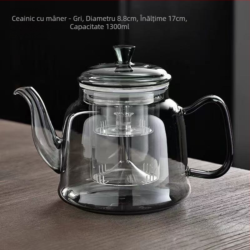 Ceainic din sticlă borosilikat de înaltă rezistență, cu dublă utilizare pentru fierberea apei și infuzarea ceaiului, cu mâner