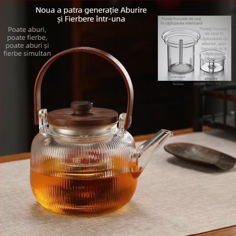 Ceainic din sticlă borosilikat de înaltă rezistență, cu dublă utilizare pentru fierberea apei și infuzarea ceaiului, cu mâner