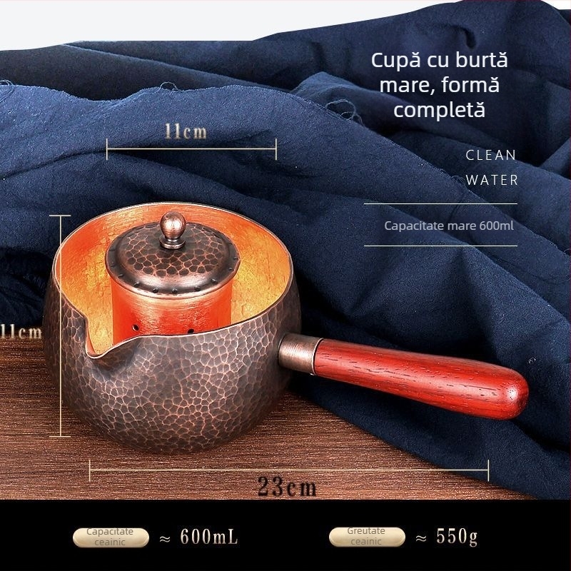 Cană de cupru pură și ceainic, lucrate manual, stil chinezesc, capacitate mare, model ciocan, mâner lateral