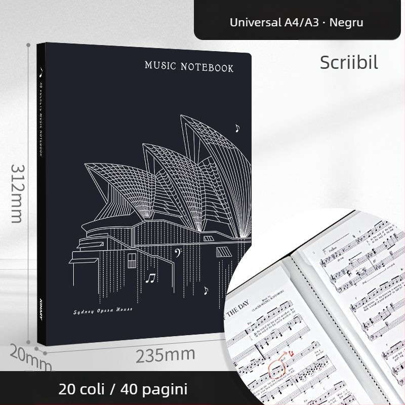 Dosar pentru partituri A3/A4 cu extindere spirală, clips tri-fold pentru partituri de pian, clips reglabil, dosar protecție ochi