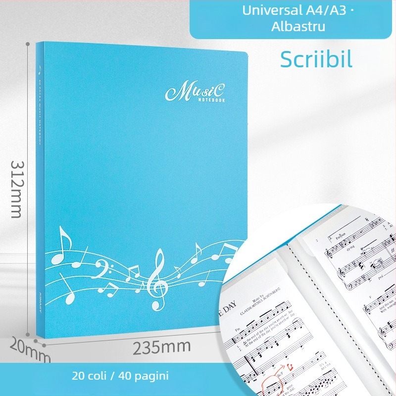 Dosar pentru partituri A3/A4 cu extindere spirală, clips tri-fold pentru partituri de pian, clips reglabil, dosar protecție ochi
