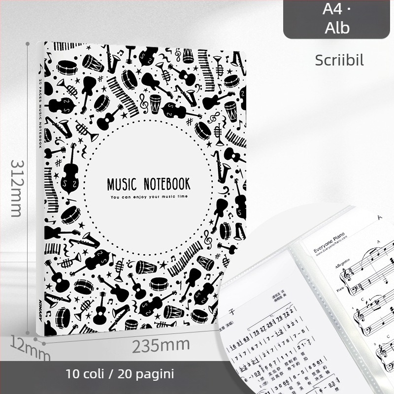 Dosar pentru partituri A3/A4 cu extindere spirală, clips tri-fold pentru partituri de pian, clips reglabil, dosar protecție ochi