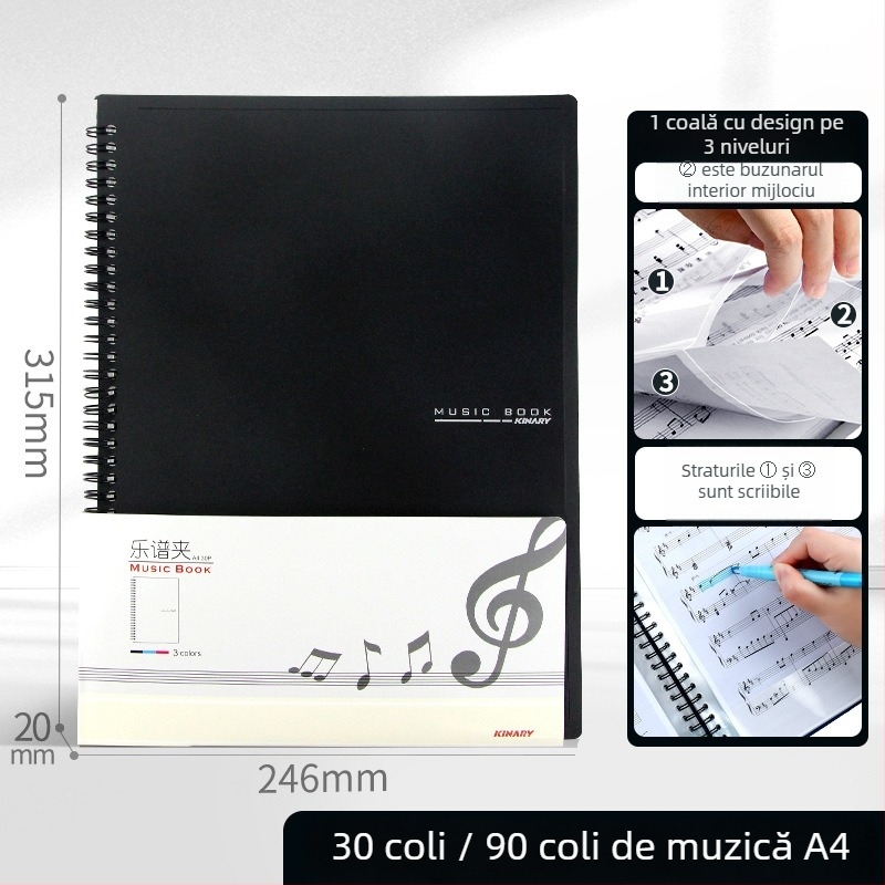Dosar pentru partituri A3/A4 cu extindere spirală, clips tri-fold pentru partituri de pian, clips reglabil, dosar protecție ochi