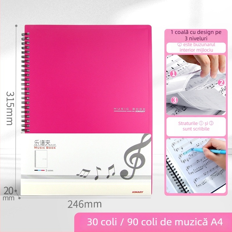 Dosar pentru partituri A3/A4 cu extindere spirală, clips tri-fold pentru partituri de pian, clips reglabil, dosar protecție ochi