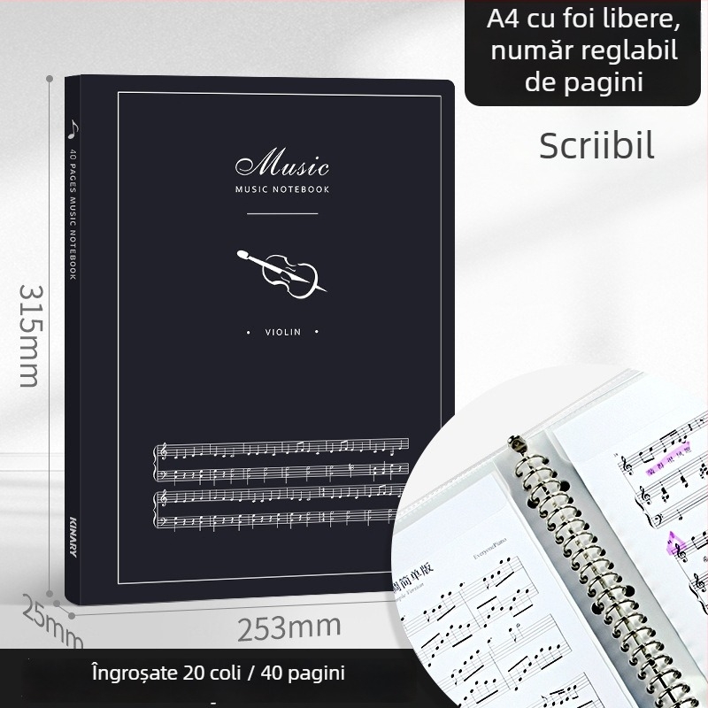 Dosar pentru partituri A3/A4 cu extindere spirală, clips tri-fold pentru partituri de pian, clips reglabil, dosar protecție ochi
