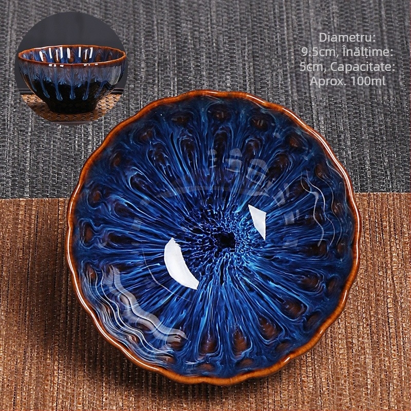 Ceașcă de ceai Jian ware cu incrustație de argint și design ceramic cu petale pentru ceremonia tradițională a ceaiului chinezesc