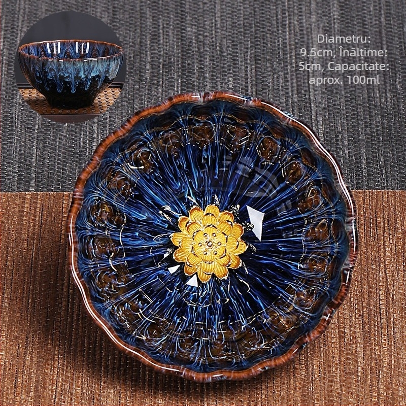 Ceașcă de ceai Jian ware cu incrustație de argint și design ceramic cu petale pentru ceremonia tradițională a ceaiului chinezesc