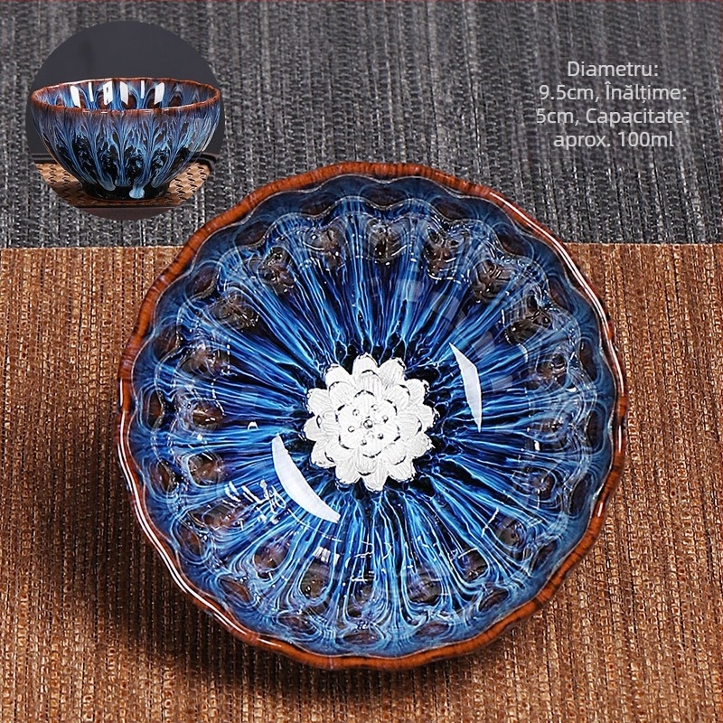 Ceașcă de ceai Jian ware cu incrustație de argint și design ceramic cu petale pentru ceremonia tradițională a ceaiului chinezesc
