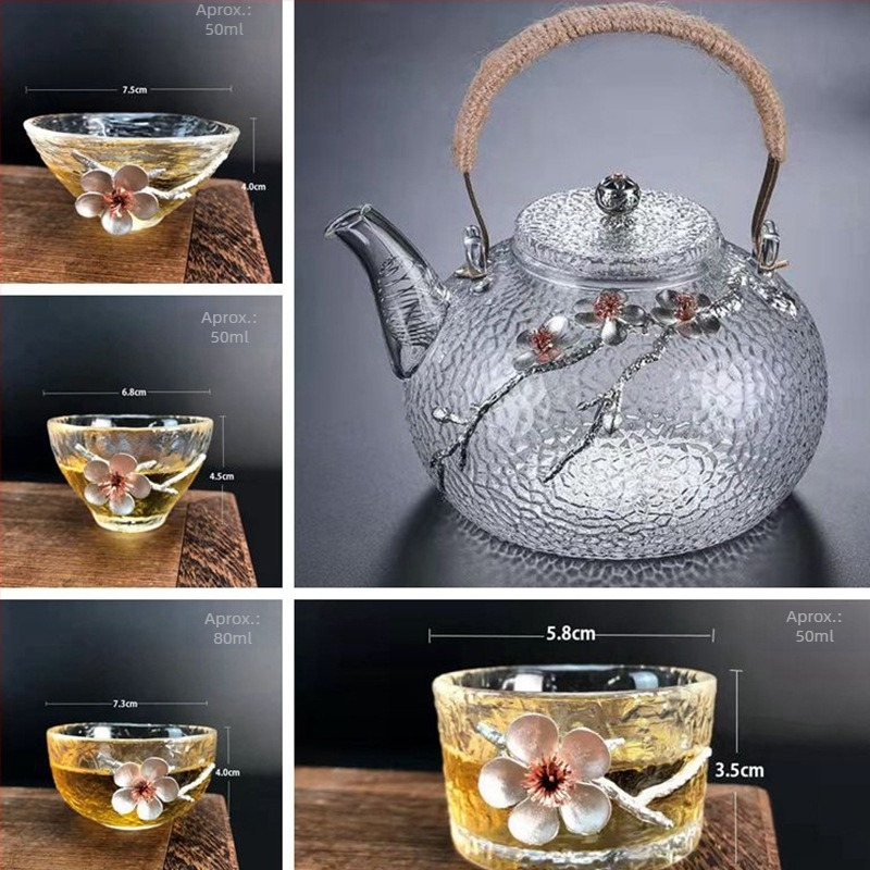 Ceainic din sticlă cu mâner, funcție de fierbere a apei, pentru plită, rezistent la temperaturi înalte, design cu flori de staniu