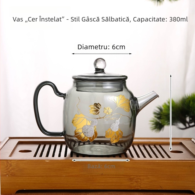 Ceainic din sticlă cu mâner, funcție de fierbere a apei, pentru plită, rezistent la temperaturi înalte, design cu flori de staniu