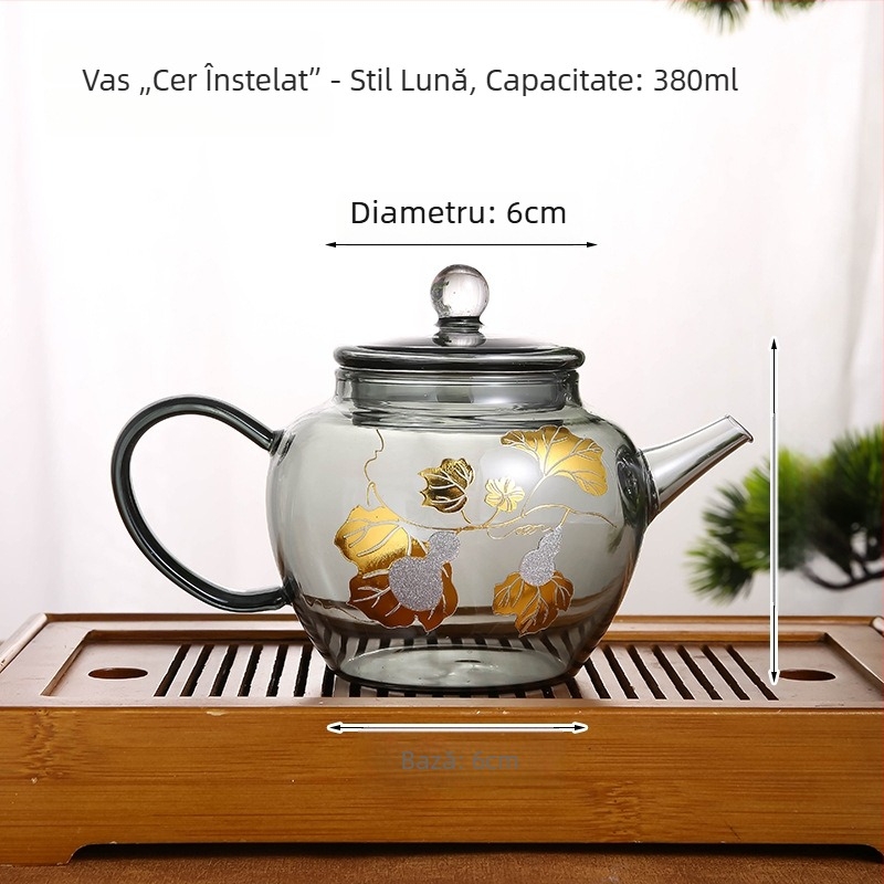 Ceainic din sticlă cu mâner, funcție de fierbere a apei, pentru plită, rezistent la temperaturi înalte, design cu flori de staniu