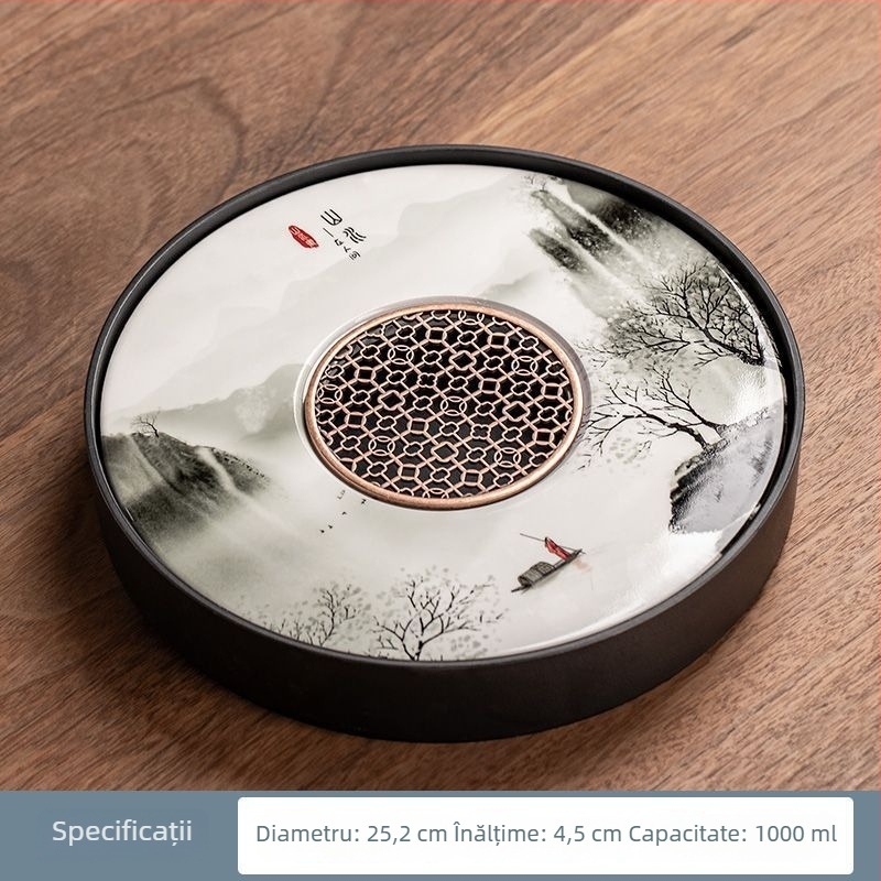 Tavă rotundă pentru ceai din porțelan – tavă ceramică pentru ceai, pentru casă și birou, set Kung Fu ceai, cu utilizare dublă
