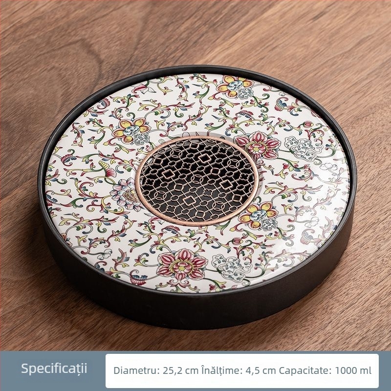 Tavă rotundă pentru ceai din porțelan – tavă ceramică pentru ceai, pentru casă și birou, set Kung Fu ceai, cu utilizare dublă