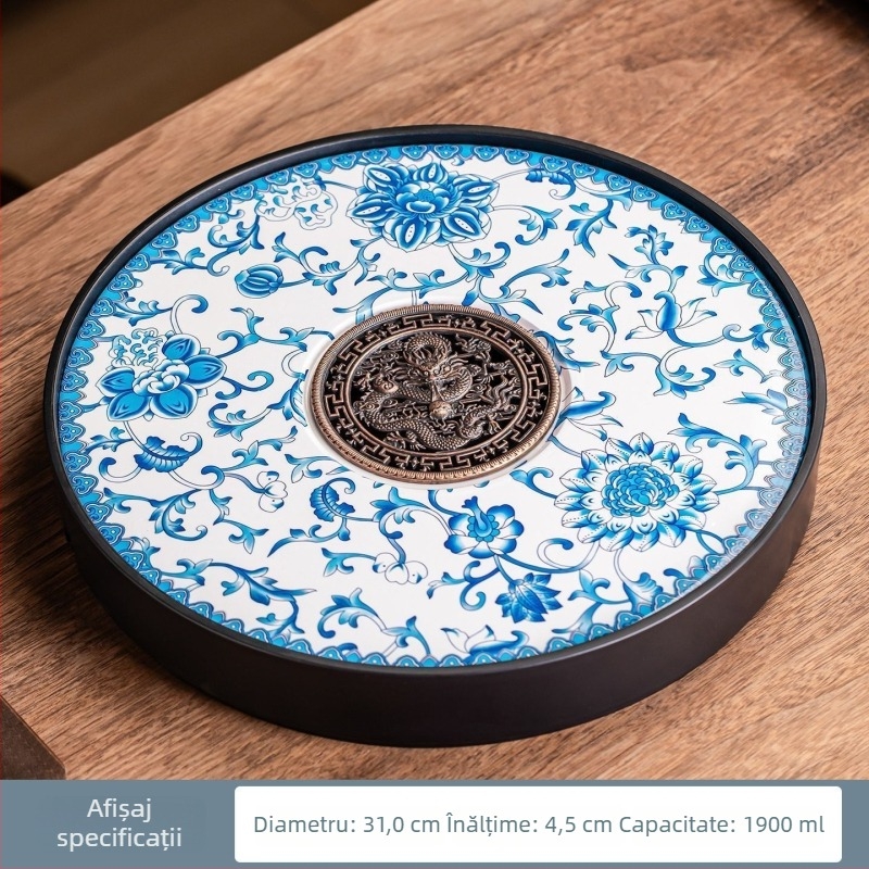 Tavă rotundă pentru ceai din porțelan – tavă ceramică pentru ceai, pentru casă și birou, set Kung Fu ceai, cu utilizare dublă