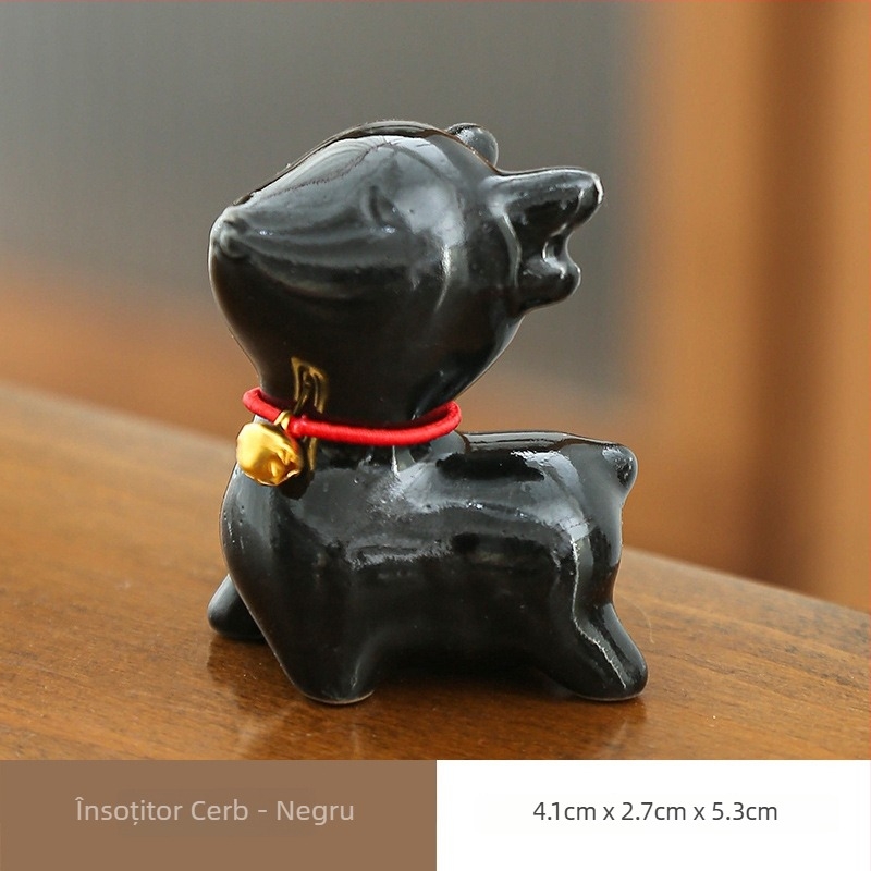 Yizi Tea pet drăguț chinezesc – ornament ceramic cu un cerb mic și clopoțel