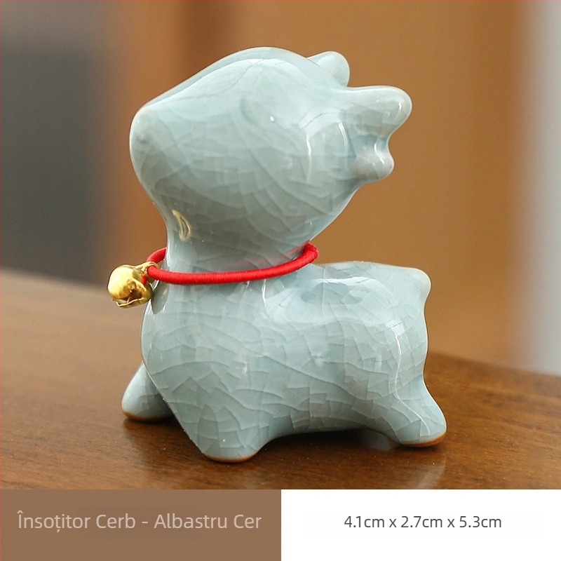Yizi Tea pet drăguț chinezesc – ornament ceramic cu un cerb mic și clopoțel