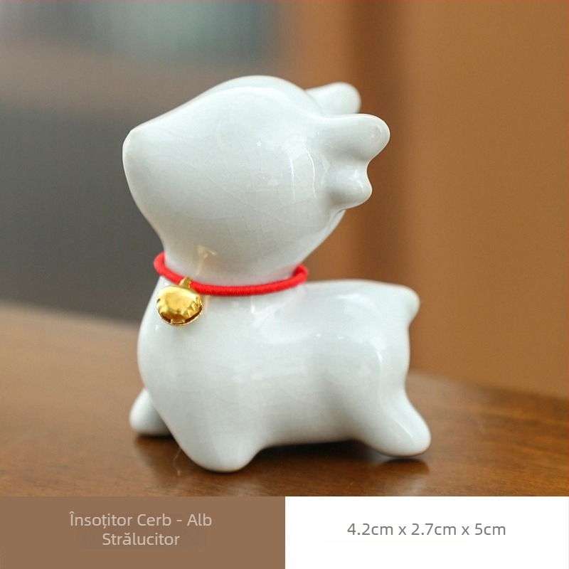 Yizi Tea pet drăguț chinezesc – ornament ceramic cu un cerb mic și clopoțel