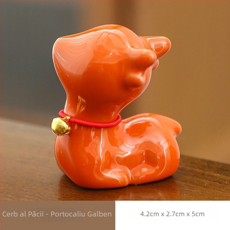 Yizi Tea pet drăguț chinezesc – ornament ceramic cu un cerb mic și clopoțel