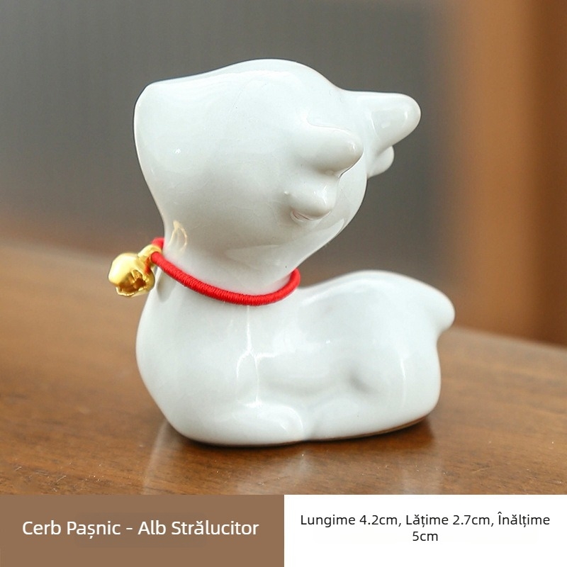 Yizi Tea pet drăguț chinezesc – ornament ceramic cu un cerb mic și clopoțel