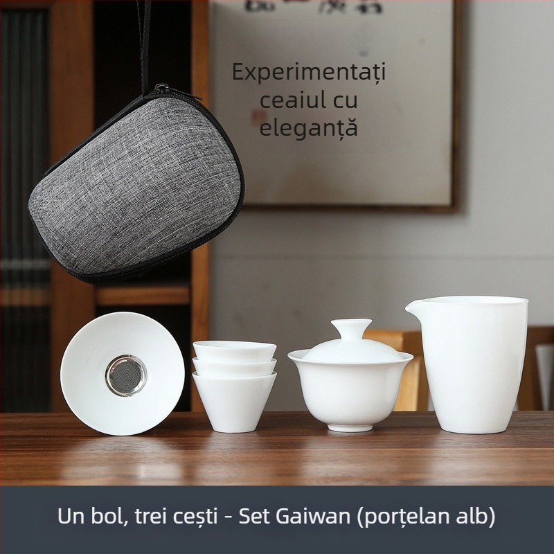 Set kungfu de ceai din porțelan alb pentru călătorii, cu husă portabilă, include un bol și patru cești din sticlă, cadou cu posibilitatea personalizării logo-ului