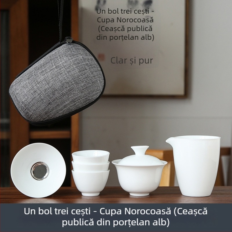 Set kungfu de ceai din porțelan alb pentru călătorii, cu husă portabilă, include un bol și patru cești din sticlă, cadou cu posibilitatea personalizării logo-ului