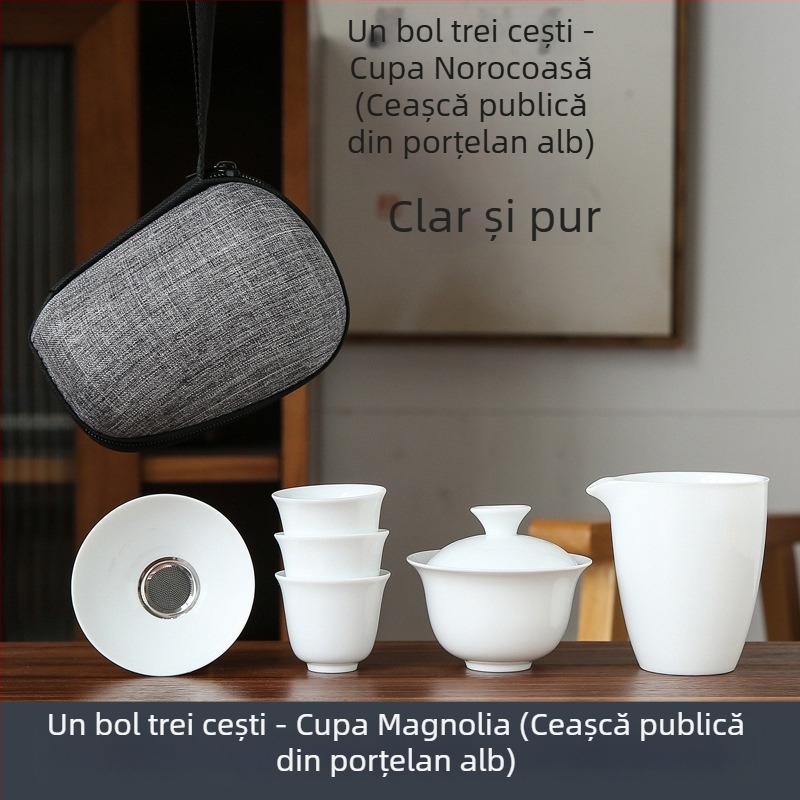 Set kungfu de ceai din porțelan alb pentru călătorii, cu husă portabilă, include un bol și patru cești din sticlă, cadou cu posibilitatea personalizării logo-ului