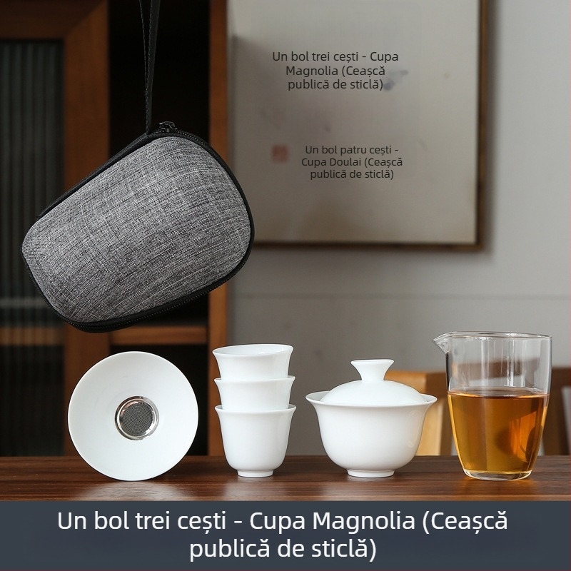 Set kungfu de ceai din porțelan alb pentru călătorii, cu husă portabilă, include un bol și patru cești din sticlă, cadou cu posibilitatea personalizării logo-ului